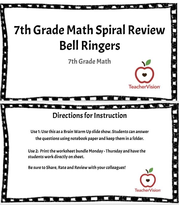 7th Grade Math Spiral Review Bellringers TeacherVision